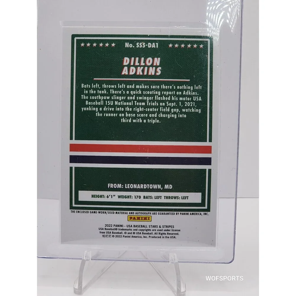 2022 Panini USA Baseball Dillon Adkins Relic Auto #SSS-DA1 198/199 Kids Card